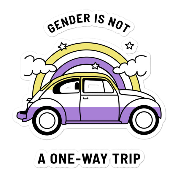 Bubble-free sticker reading “GENDER IS NOT A ONE-WAY TRIP” above a purple car and rainbow