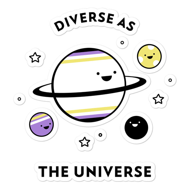 Sticker sheet reading “DIVERSE AS THE UNIVERSE,” with smiling ringed planets, stars, and dots