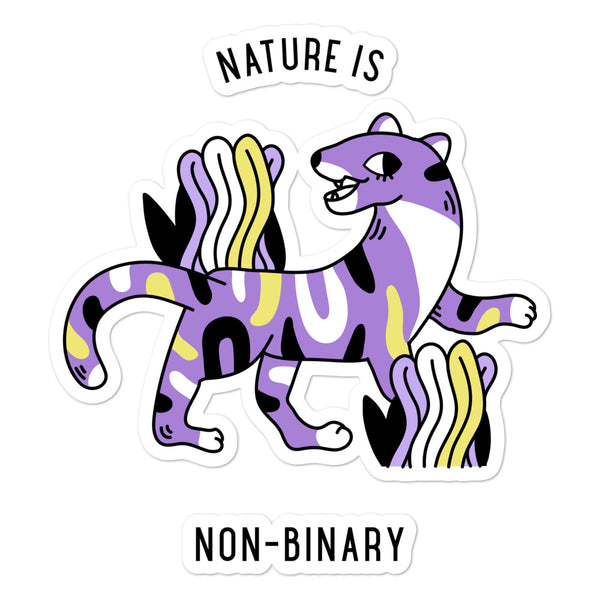 Non-binary sticker featuring a purple, yellow, black, and white fantasy animal with “NATURE IS” and “NON-BINARY” text