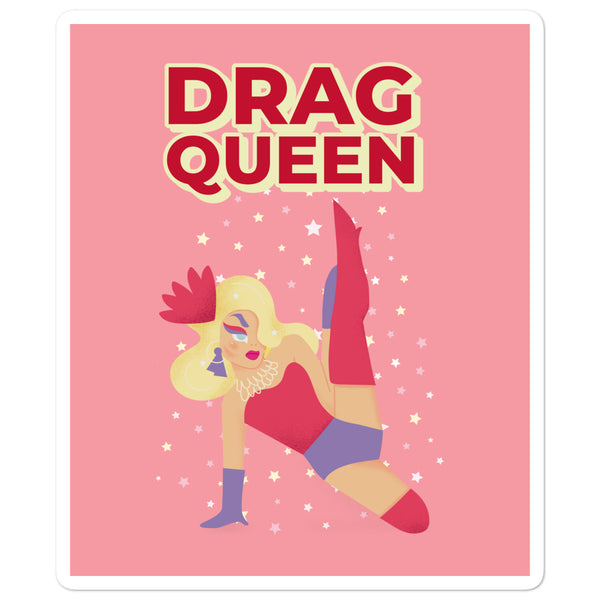“DRAG QUEEN” sticker featuring an illustrated drag performer in red and purple on pink