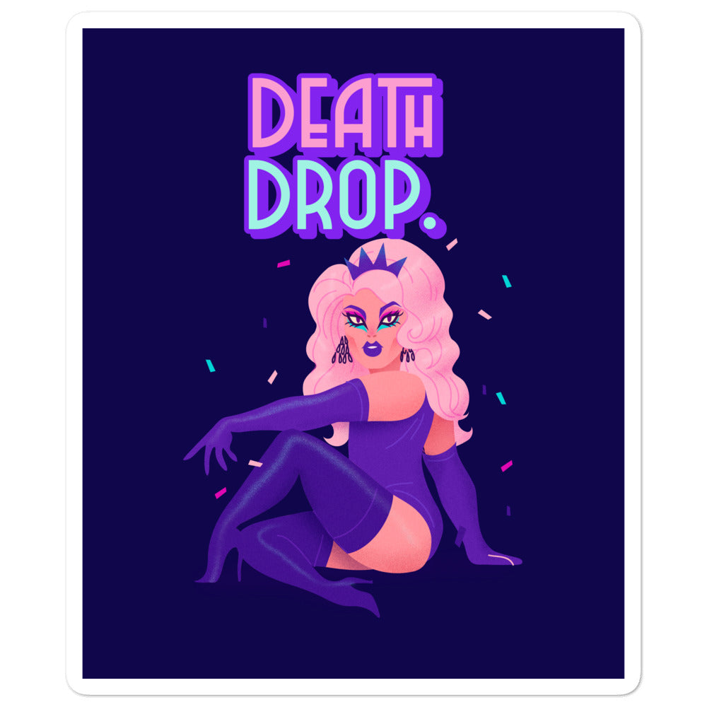 Death Drop sticker featuring a pink-haired drag queen in purple boots and gloves