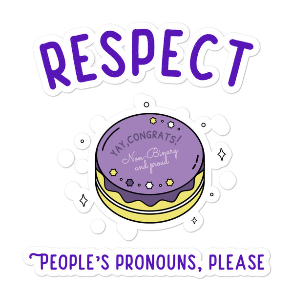 Non-binary pride sticker set reading “RESPECT” and “PEOPLE’S PRONOUNS, PLEASE”
