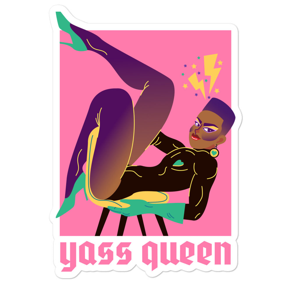 “Yass Queen” sticker featuring a seated Black queen in green and purple boots on a pink background