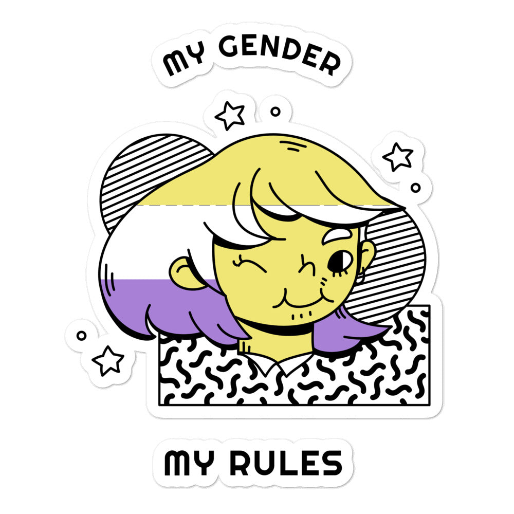 Close-up of a transgender pride sticker reading “MY GENDER MY RULES,” with a colorful cartoon character