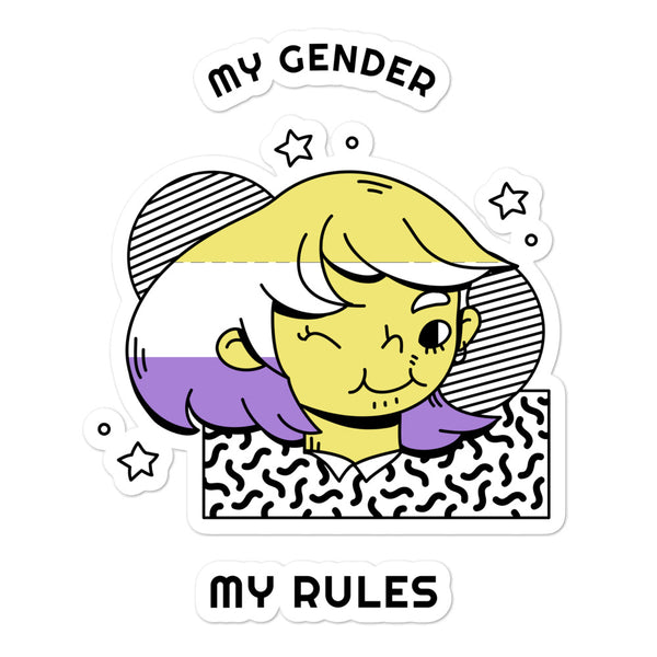 Close-up of a transgender pride sticker reading “MY GENDER MY RULES,” with a colorful cartoon character