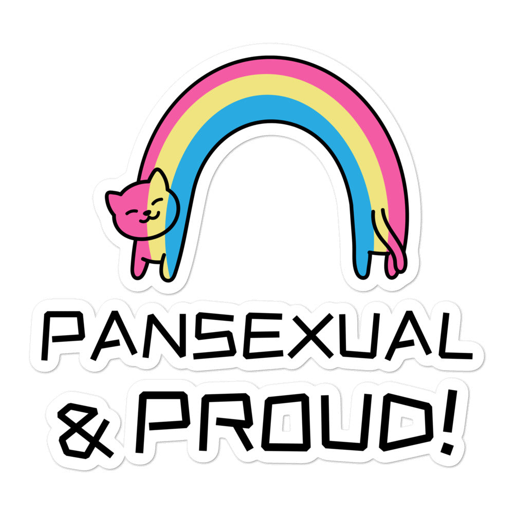 Pansexual pride sticker with a rainbow cat and “PANSEXUAL & PROUD!” lettering