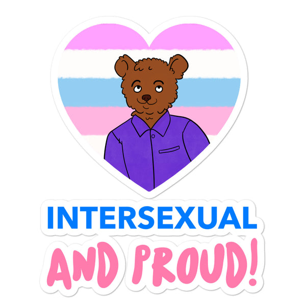 Heart-shaped intersex pride sticker featuring a bear and the words “INTERSEXUAL AND PROUD!”
