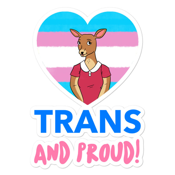 Trans and Proud sticker with a cartoon kangaroo in a trans pride heart