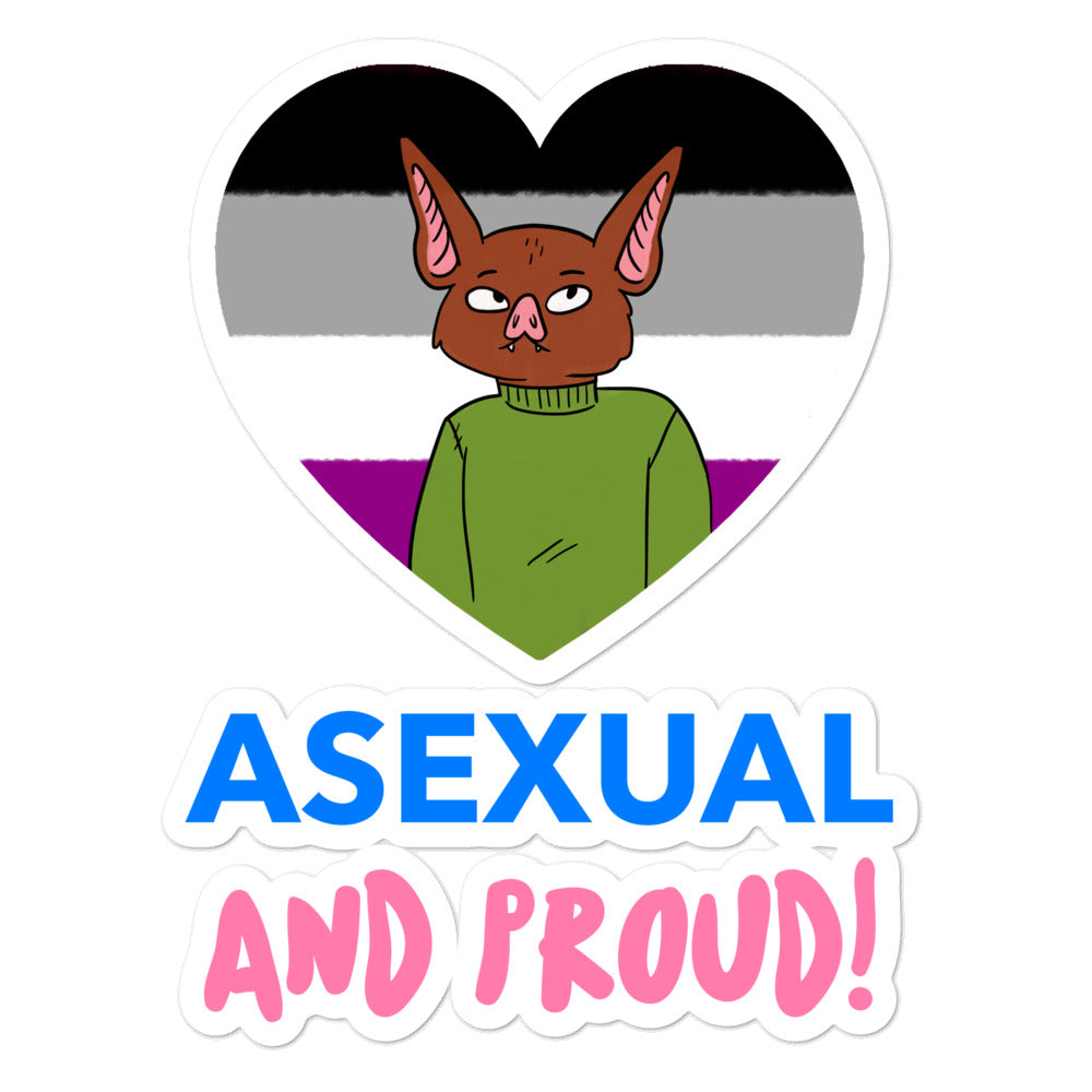 Asexual pride heart sticker reading “ASEXUAL AND PROUD!” with a cartoon bat and asexual flag colors