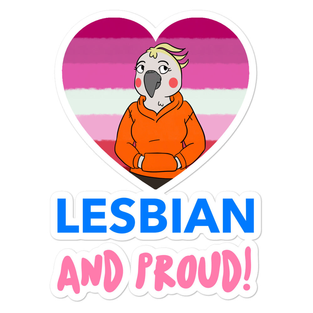 Lesbian and Proud sticker with a cartoon cockatoo in an orange hoodie over a pink striped heart