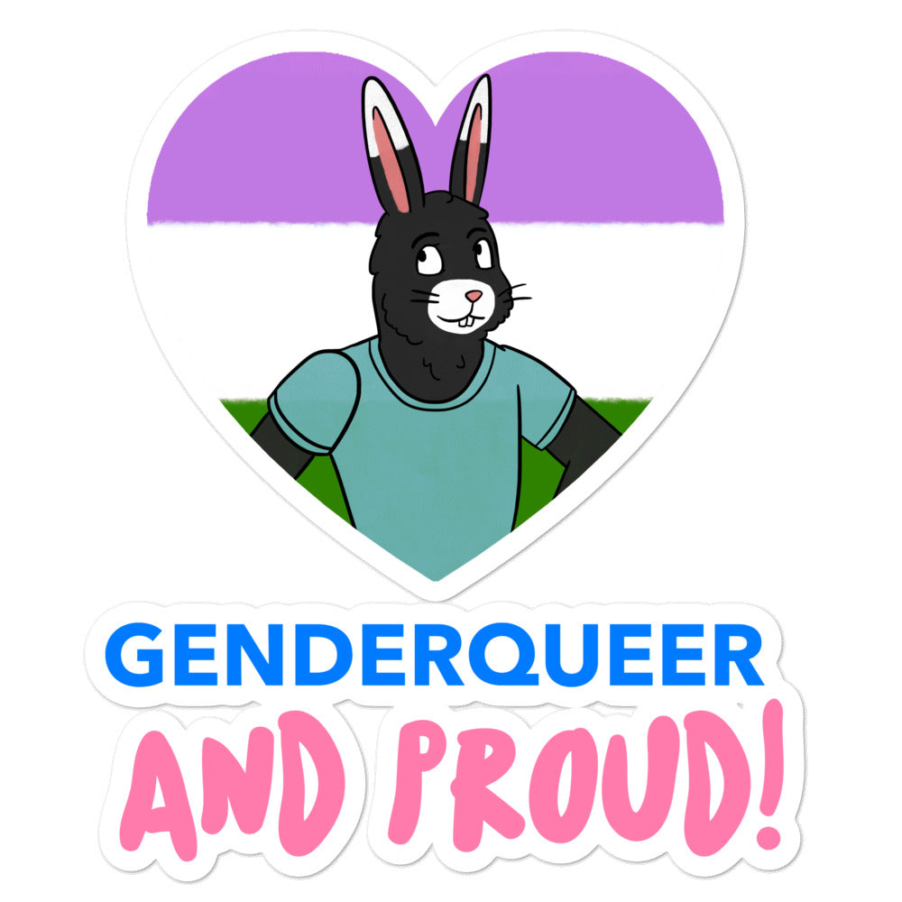 Genderqueer and Proud sticker with a black cartoon rabbit over genderqueer flag colors