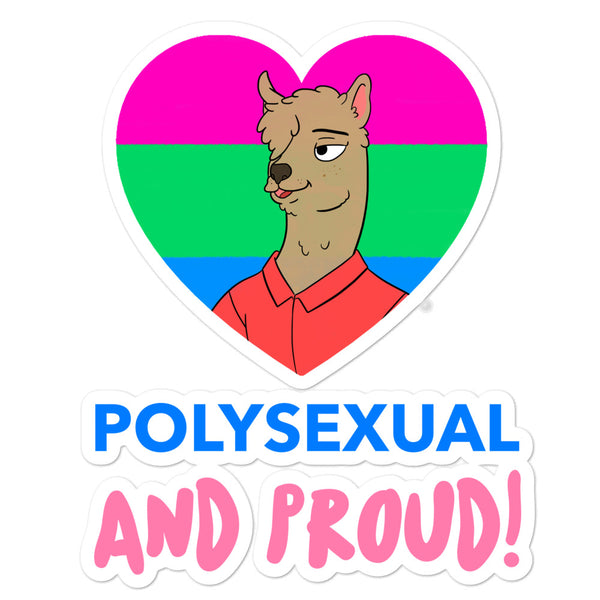 Polysexual pride sticker with an alpaca in a heart and “POLYSEXUAL AND PROUD!” text