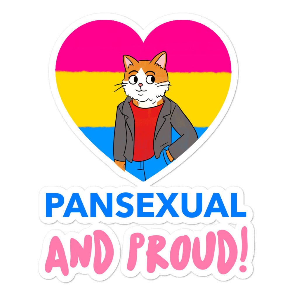 Pansexual and Proud sticker with a cartoon cat in a blazer over pansexual pride colors