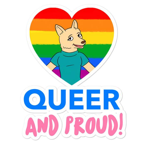 Queer and Proud sticker with a cartoon wolf in a rainbow heart