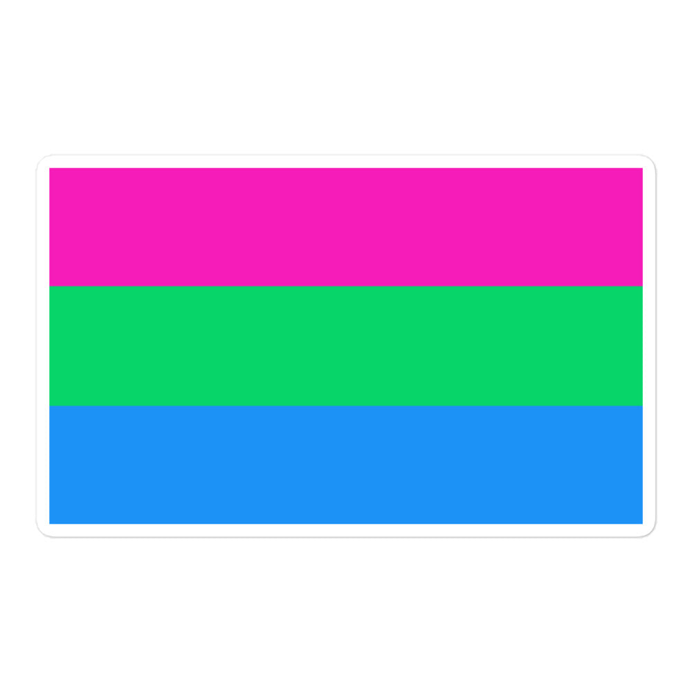 Rectangular sticker with horizontal pink, green, and blue stripes
