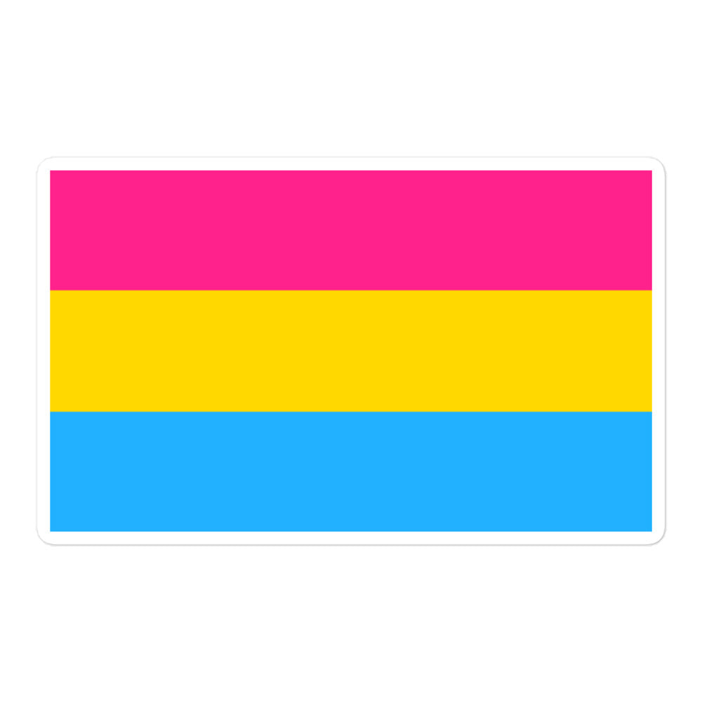Rectangular sticker with horizontal pink, yellow, and blue stripes