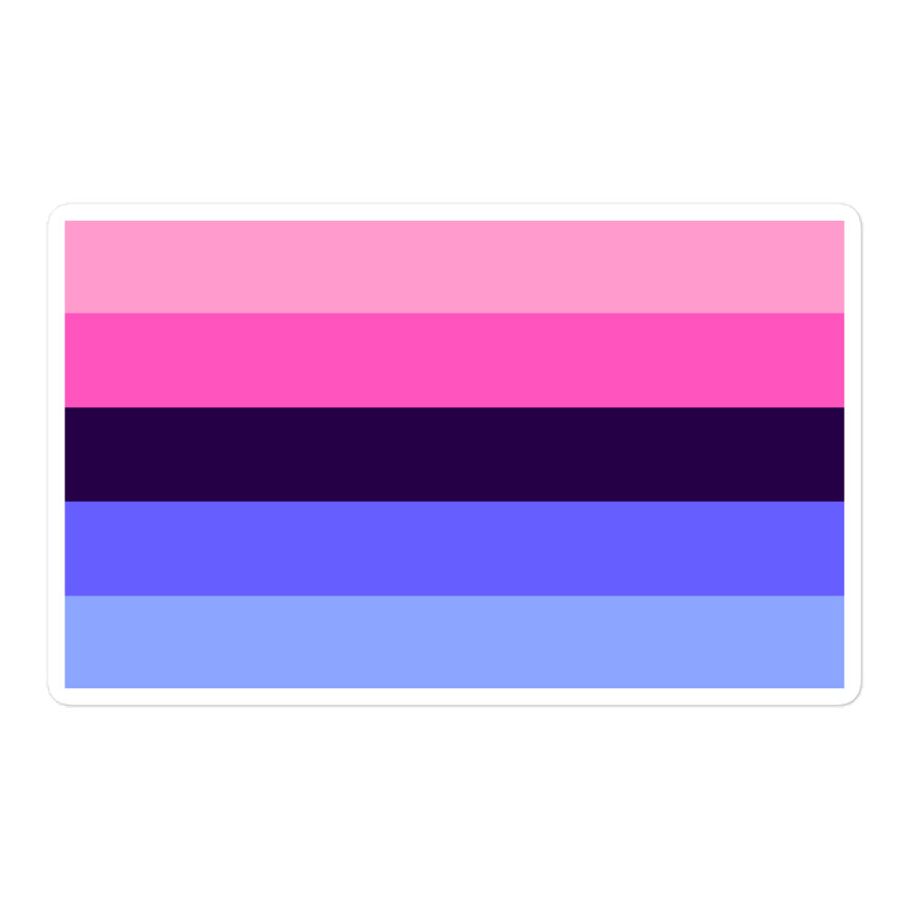 Rectangular sticker showing five horizontal stripes in pink, purple, and blue tones