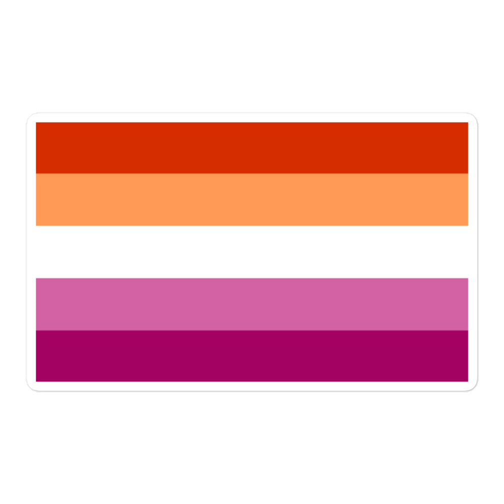 Rectangular lesbian flag sticker with six horizontal orange, white, pink, and magenta stripes