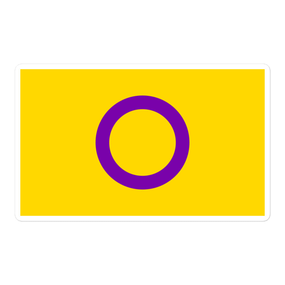 Intersex pride sticker with a purple ring centered on a yellow rectangle