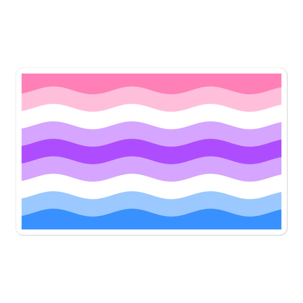 Rectangular sticker with pink, white, purple, and blue wavy horizontal stripes