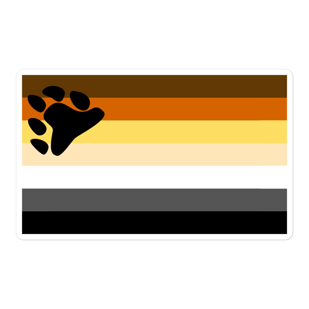 Rectangular bear pride flag sticker with a black paw print on brown, orange, yellow, gray, and black stripes