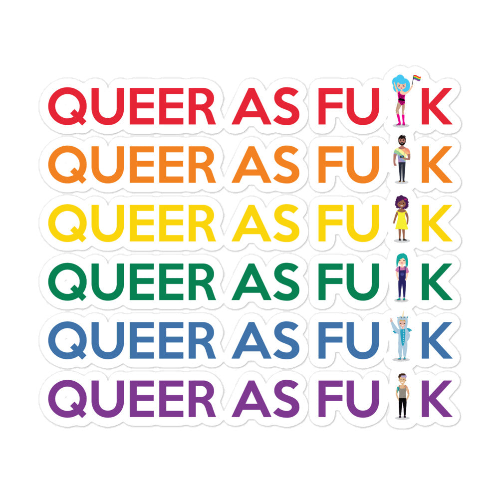 Six colorful “QUEER AS F#CK” bubble-free stickers with diverse illustrated figures