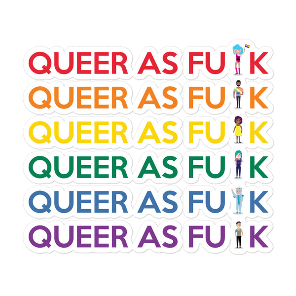Six colorful “QUEER AS F#CK” bubble-free stickers with diverse illustrated figures