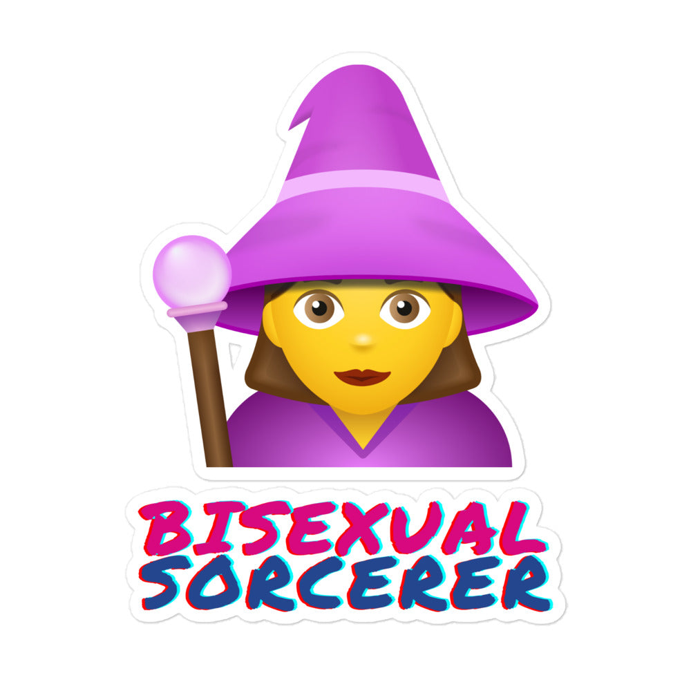 Sticker showing a purple-hatted sorcerer holding a staff above “BISEXUAL SORCERER” text
