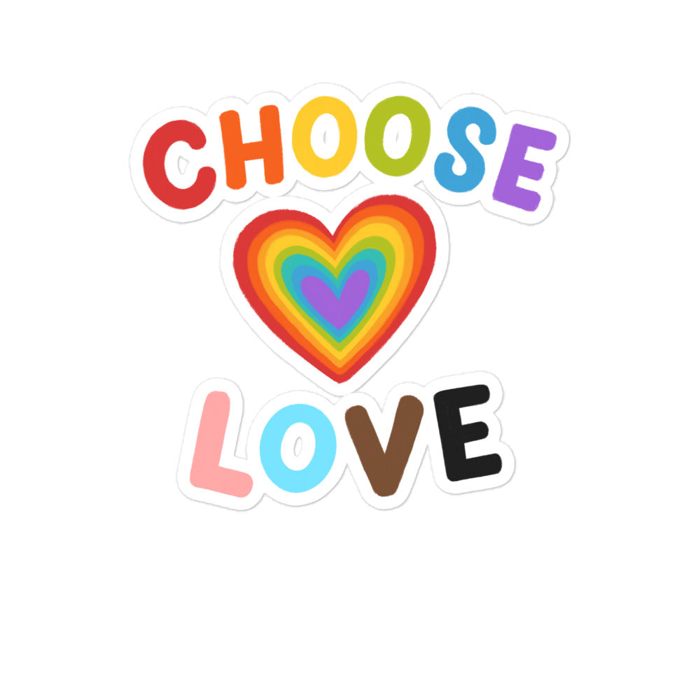 Sticker design reading “CHOOSE LOVE” with a rainbow heart between the words