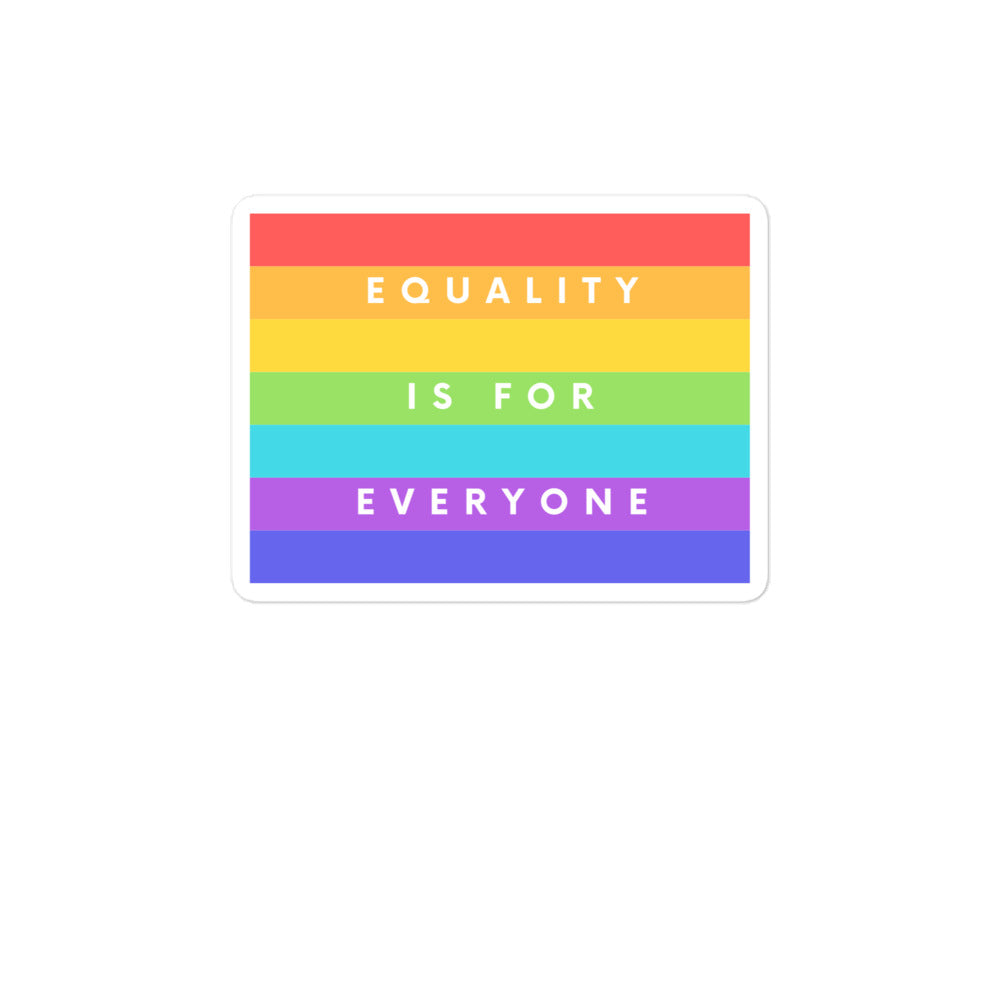 Rectangular rainbow-striped sticker reading “EQUALITY IS FOR EVERYONE”