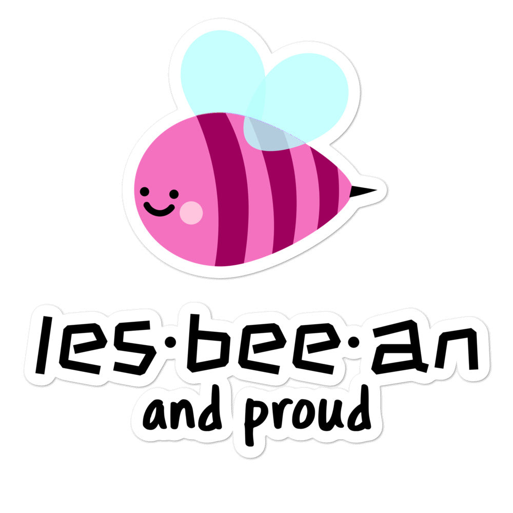 Les-Bee-An and Proud sticker with a smiling pink-and-purple striped bee