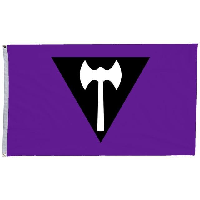 Purple Labrys lesbian pride flag with a black triangle and white double-headed axe emblem
