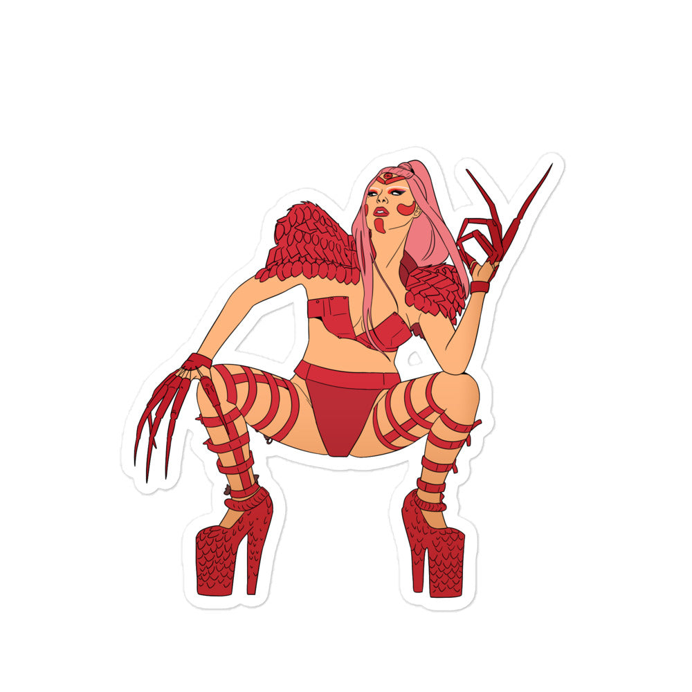 Illustrated red-and-pink sticker of a woman in lingerie, clawed gloves, and platform boots