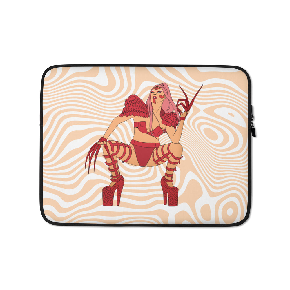 Laptop sleeve featuring a pink-haired illustrated woman in red lingerie and platform heels