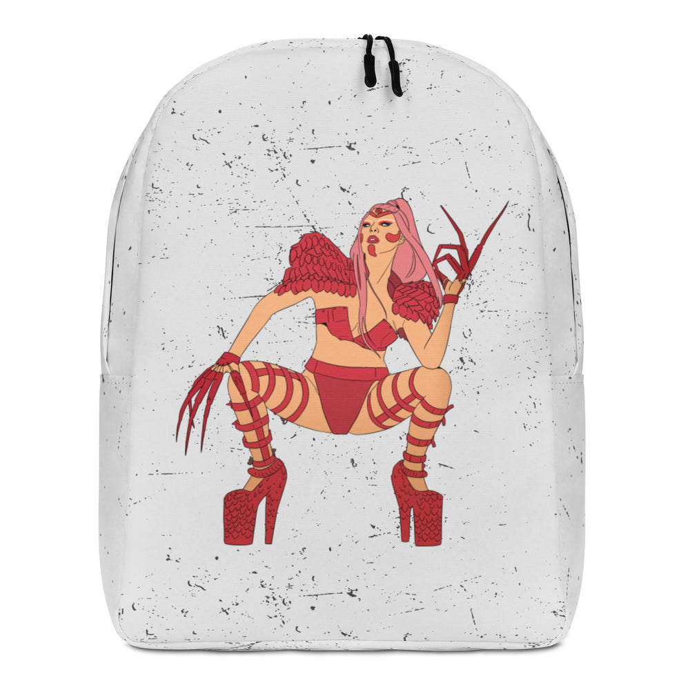 Front view of a white speckled backpack featuring a pink-haired winged woman in red lingerie and boots