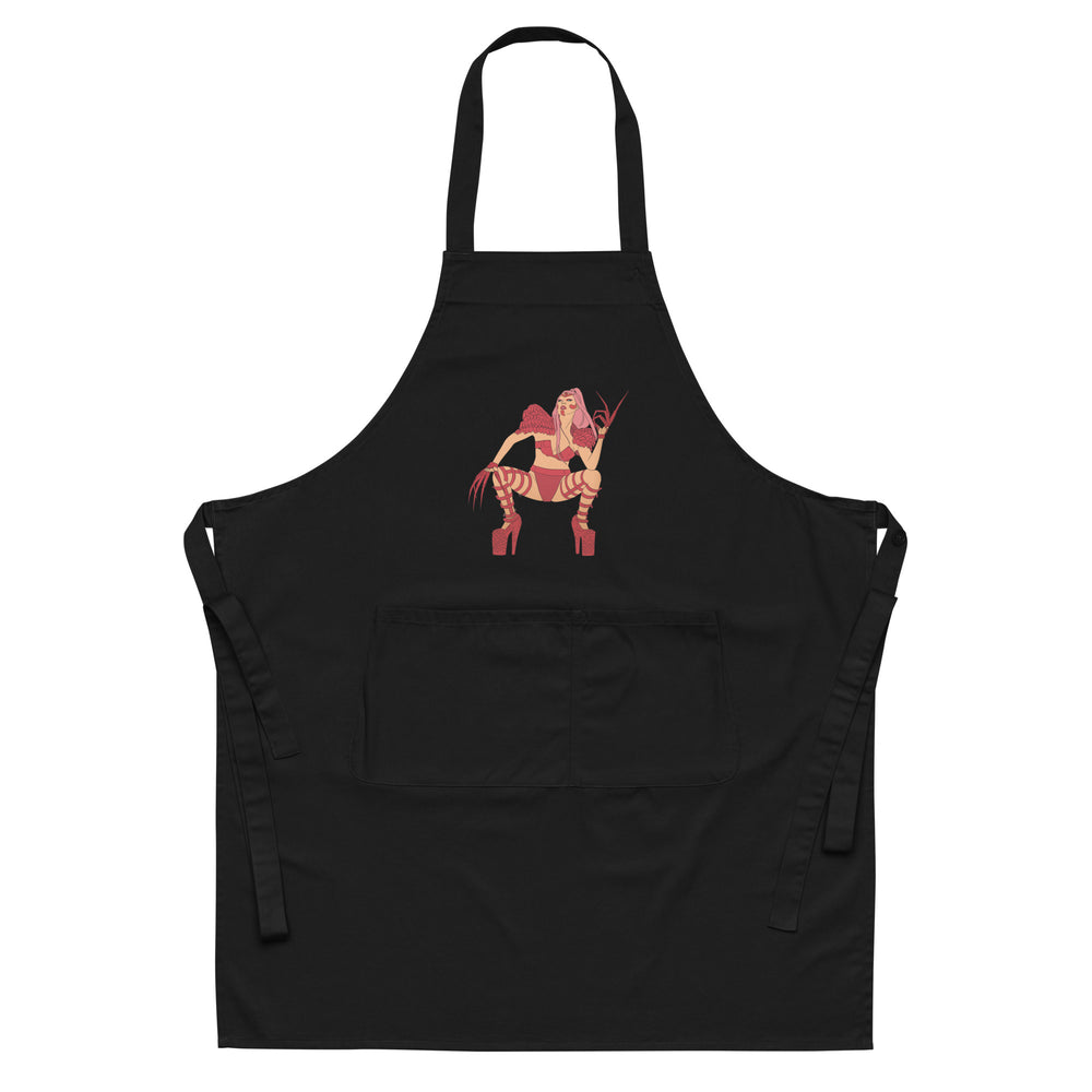 Front view of a black apron with a pink illustrated figure and large front pocket