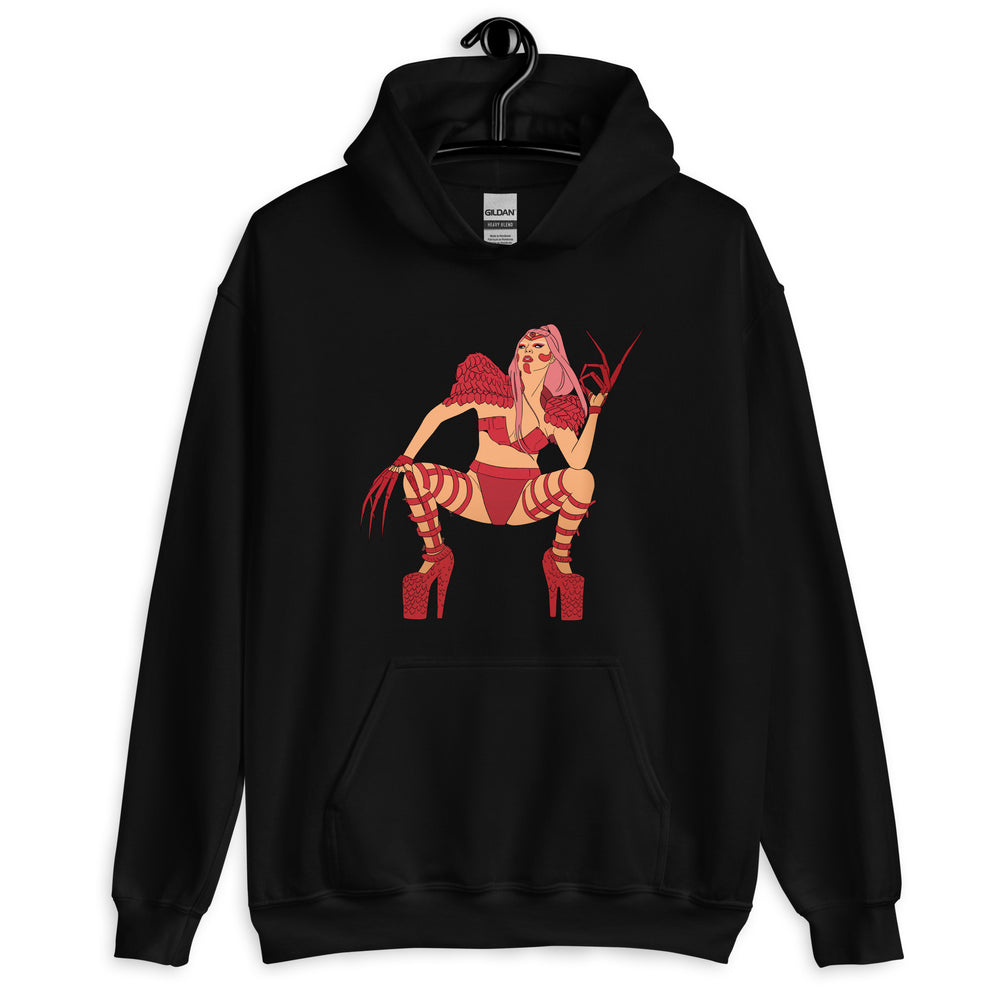 Front view of a black hoodie with a red stylized winged woman graphic