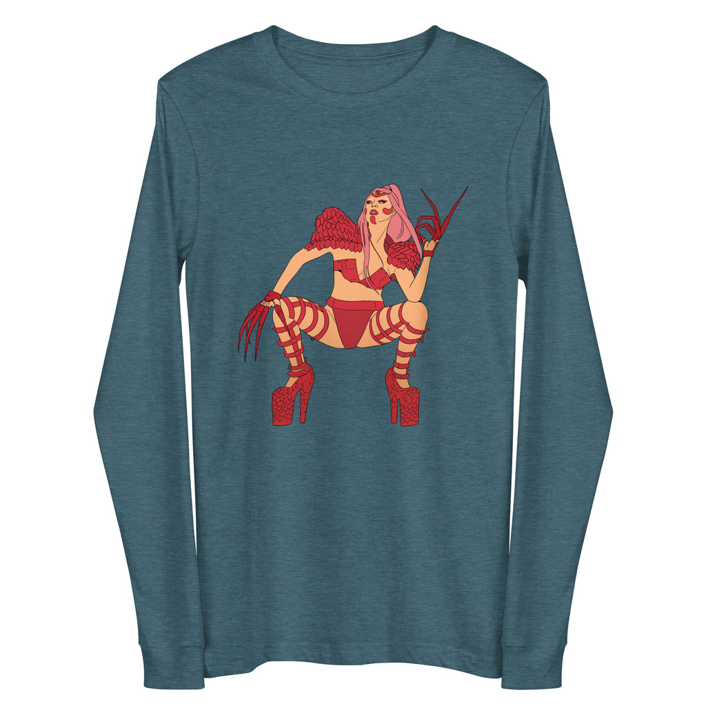 Front view of a teal long-sleeve shirt with a red illustrated winged woman in lingerie and heels