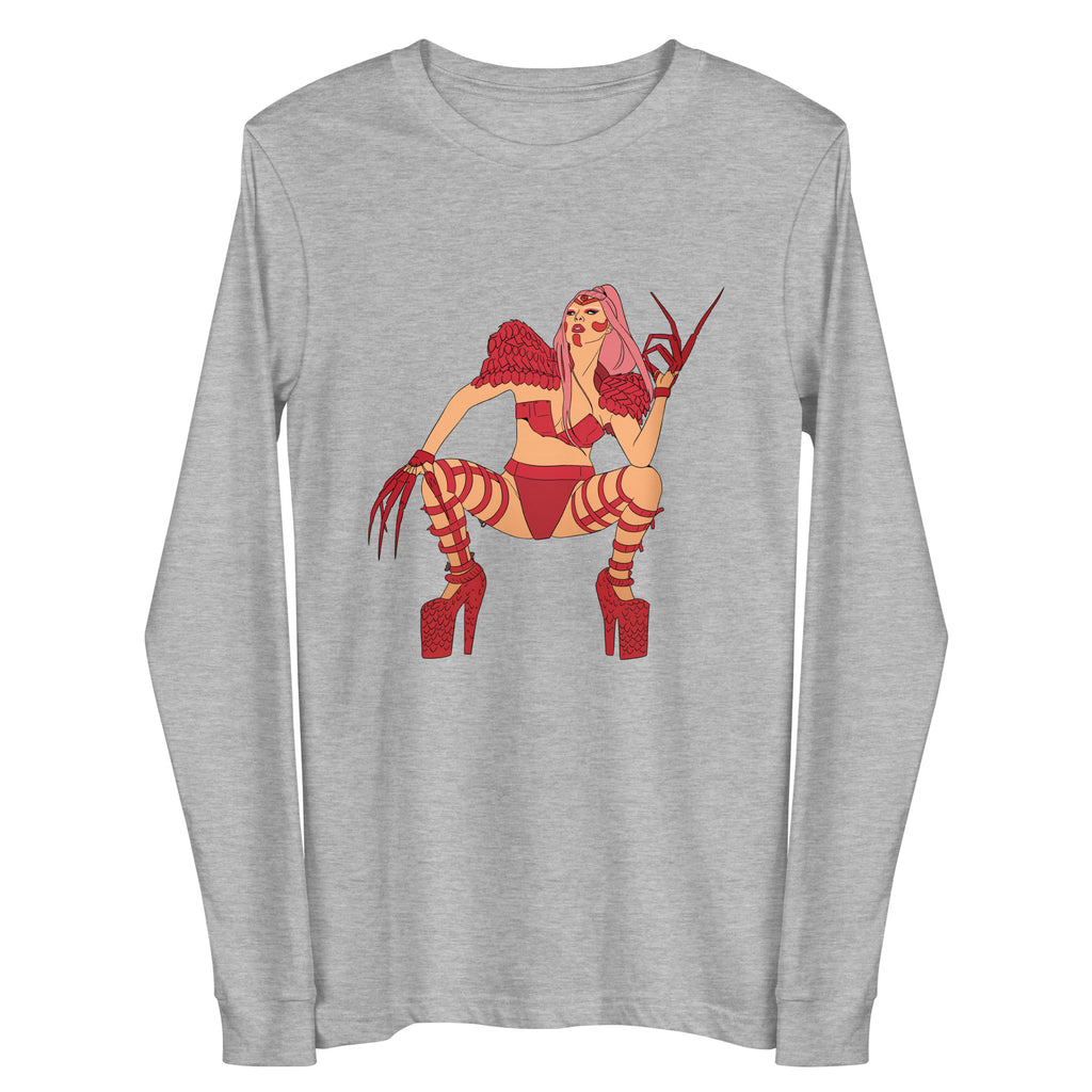 Front view of a heather-gray long-sleeve shirt with a red winged character graphic