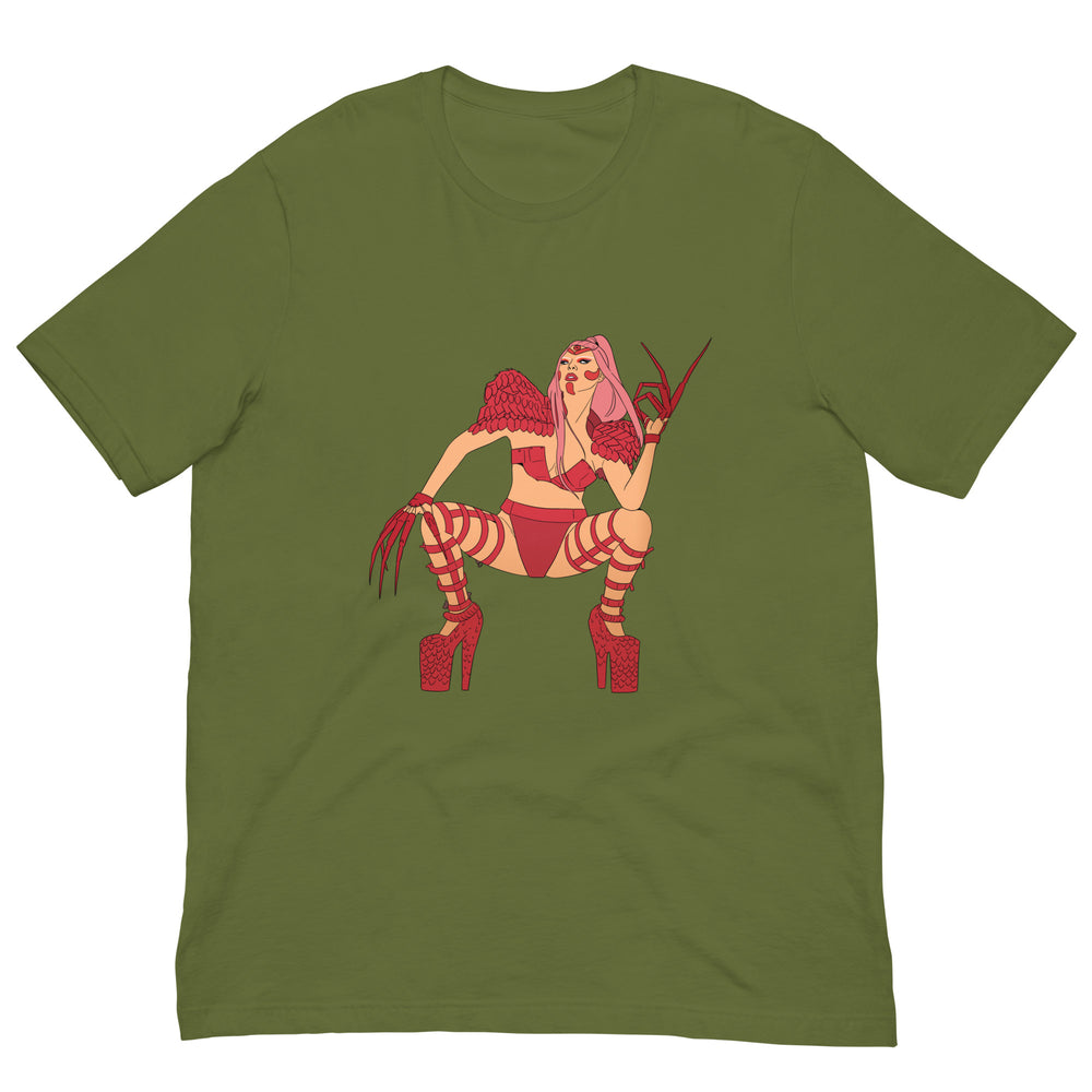 twinks in lingerie: Olive green unisex tee with pink illustrated femme in lingerie, wings