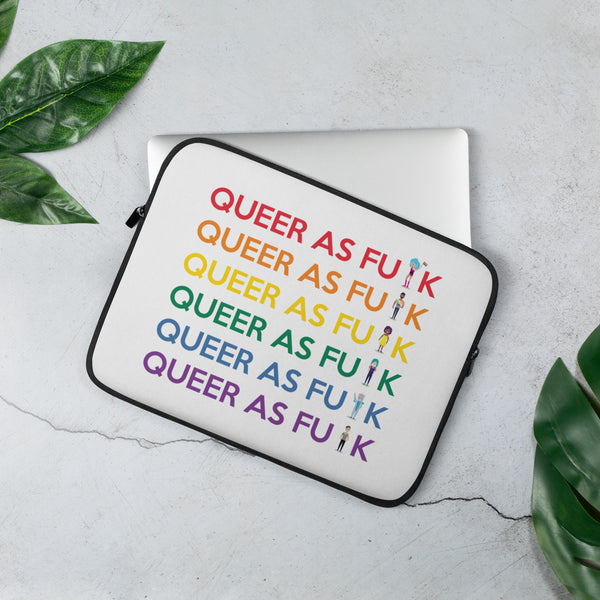 Angled white laptop sleeve with black trim reads “QUEER AS FU*K” in rainbow colors.