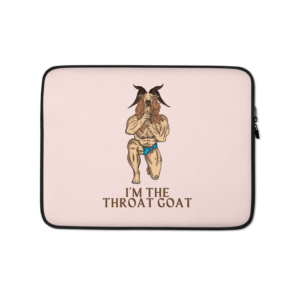 Pink laptop sleeve with a horned goat illustration and “I’M THE THROAT GOAT” text