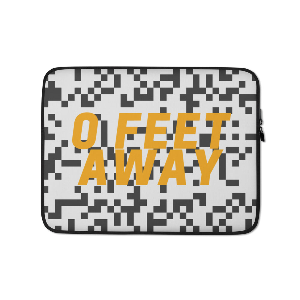 Laptop sleeve with gray pixel camouflage, black trim, and bold yellow “0 FEET AWAY” text