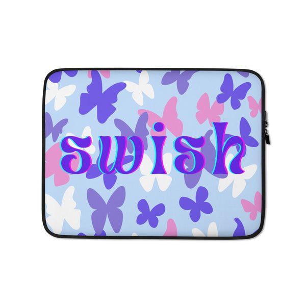 Front view of a butterfly-patterned laptop sleeve reading “swish” in large purple letters