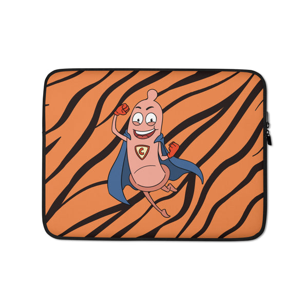 Laptop sleeve with an orange-and-black tiger-stripe pattern and a smiling superhero condom cartoon