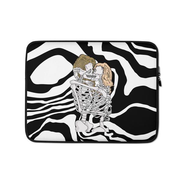 Laptop sleeve with two embracing skeletons on a black-and-white wavy background