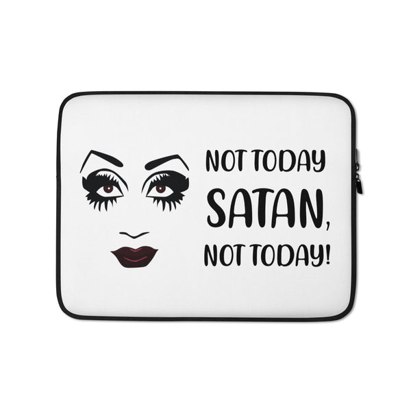 Front view of a white laptop sleeve with a stylized face and “NOT TODAY SATAN, NOT TODAY!” text