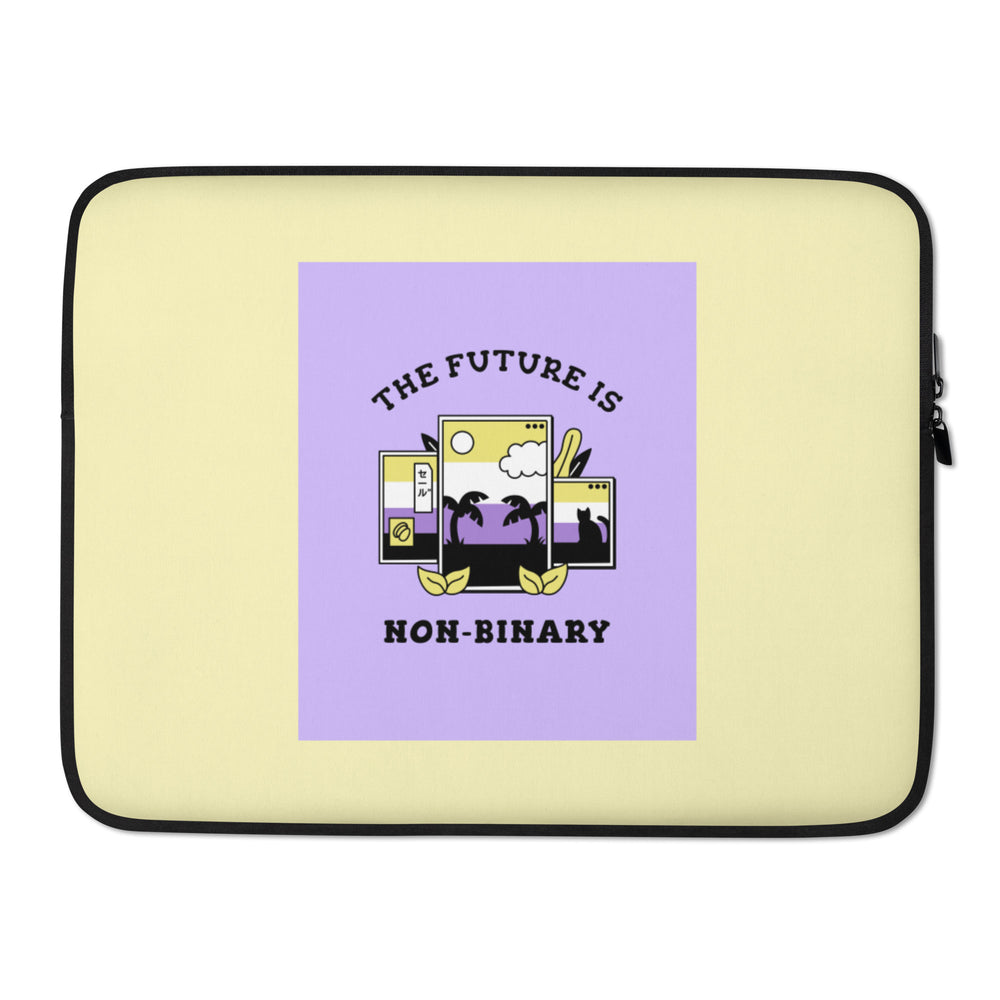 Front view of a pale yellow laptop sleeve with a lavender graphic reading “THE FUTURE IS NON-BINARY.”
