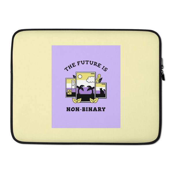 Front view of a pale yellow laptop sleeve with a lavender graphic reading “THE FUTURE IS NON-BINARY.”