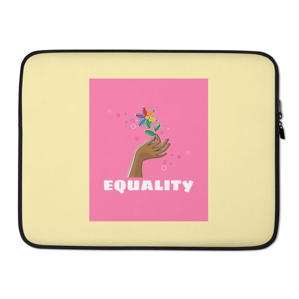Front view of a pale yellow laptop sleeve with black trim and pink “EQUALITY” flower-and-hand graphic